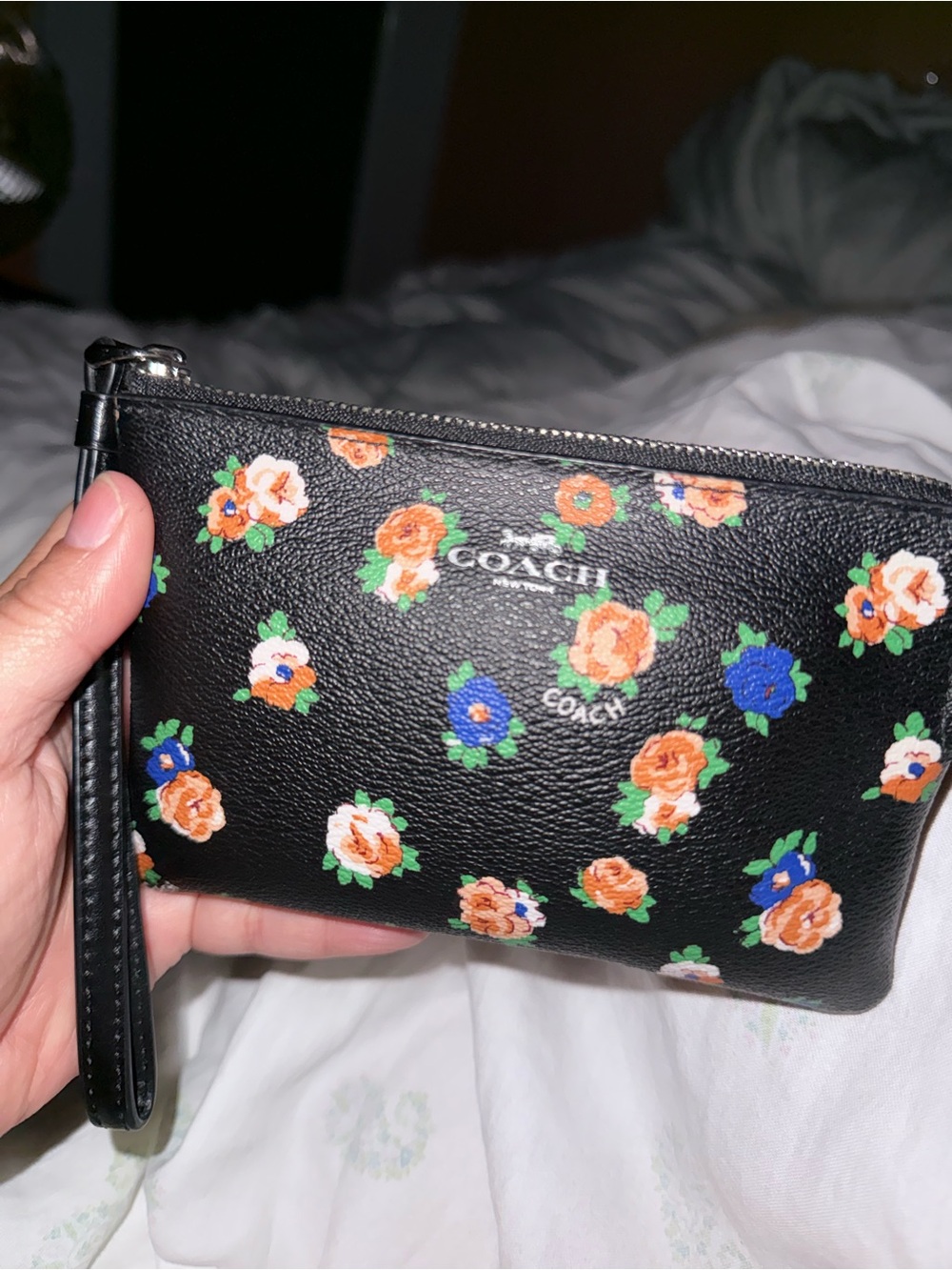 Coach Corner Zip Wristlet in canvas coated with tea rose print